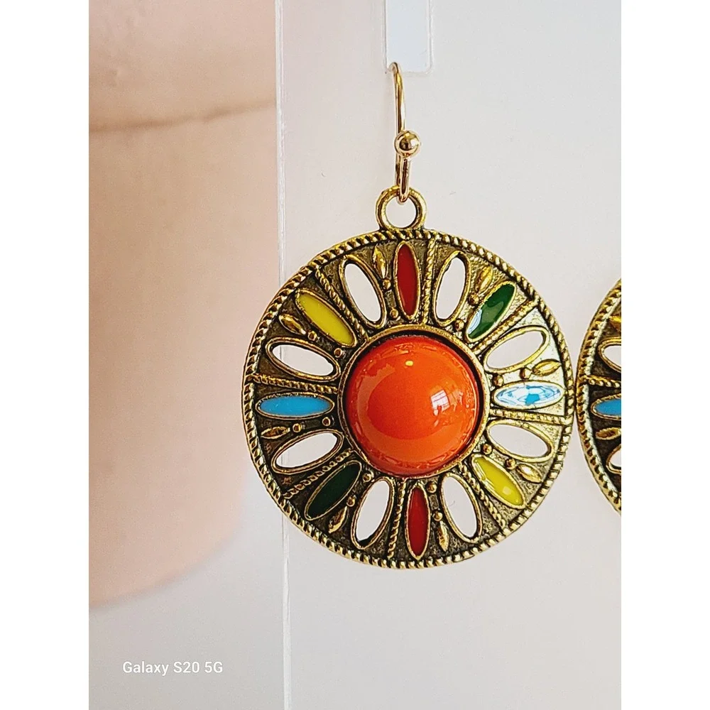 Gold Tone‎ Multi Color Enamel Sunburst Boho Drop Earrings Orange Cabochon Round